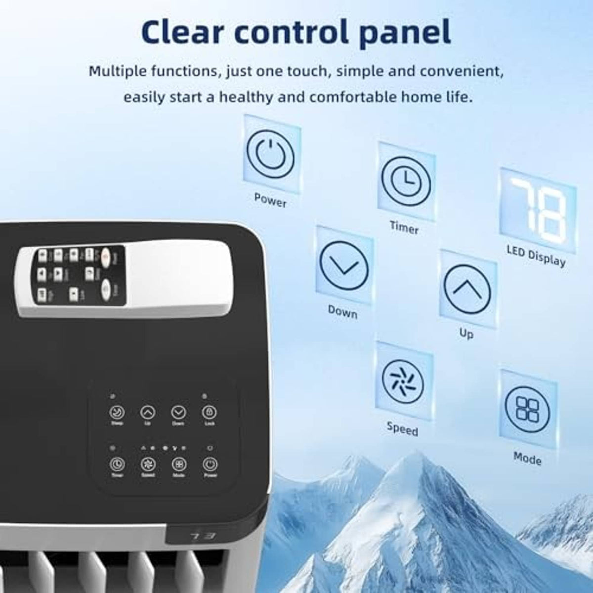 White portable air conditioner showing control panel with LED display and buttons