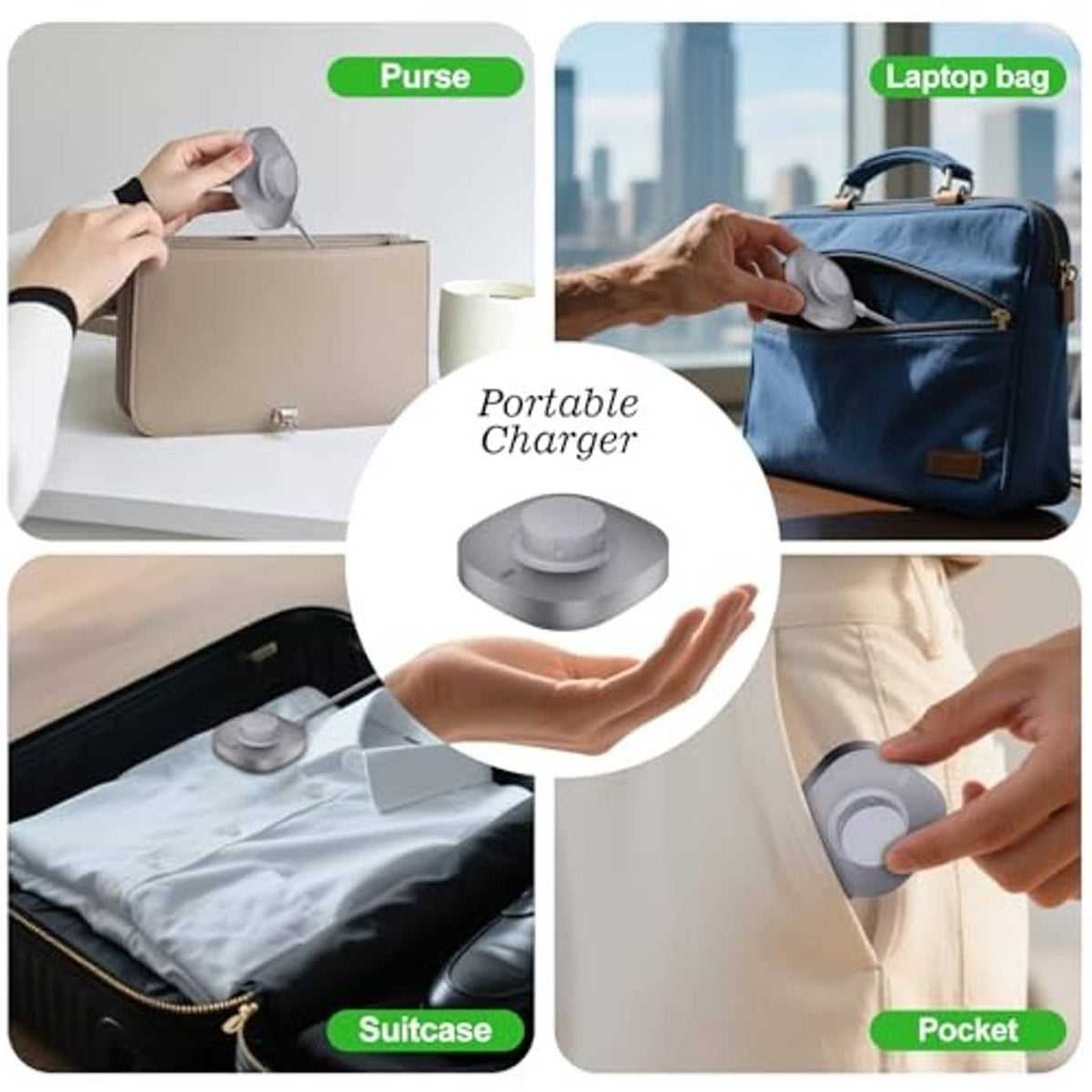 Portable charging dock with ring cradle, shown for purse and pocket carry