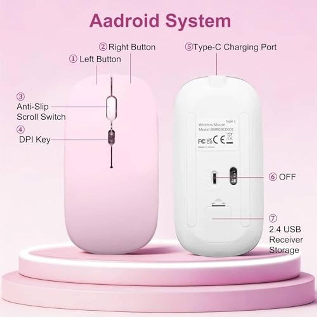Pink wireless mouse with scroll switch, USB-C charging port, and receiver storage