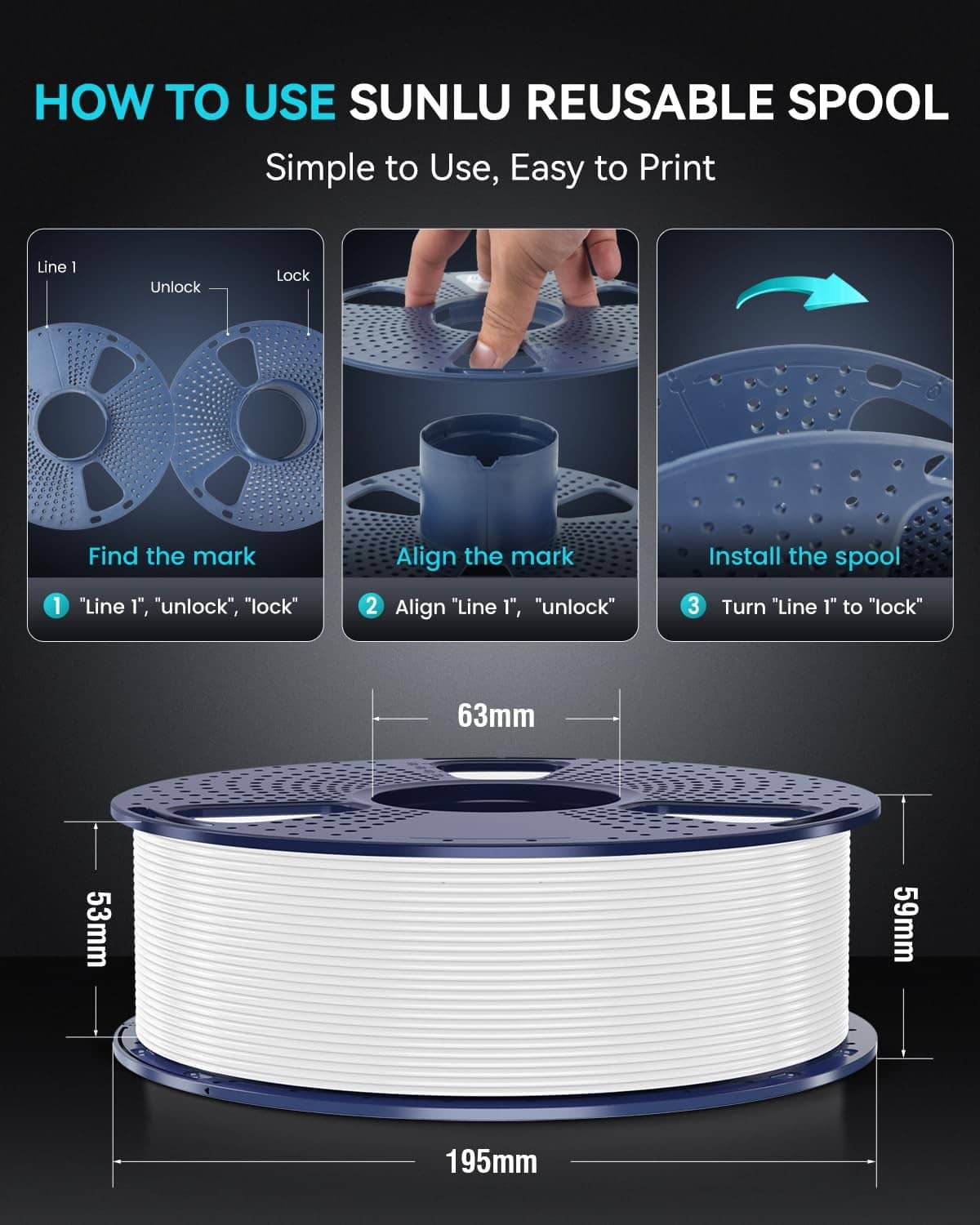 Blue PETG filament spool on a white reusable-style reel with dimension markers