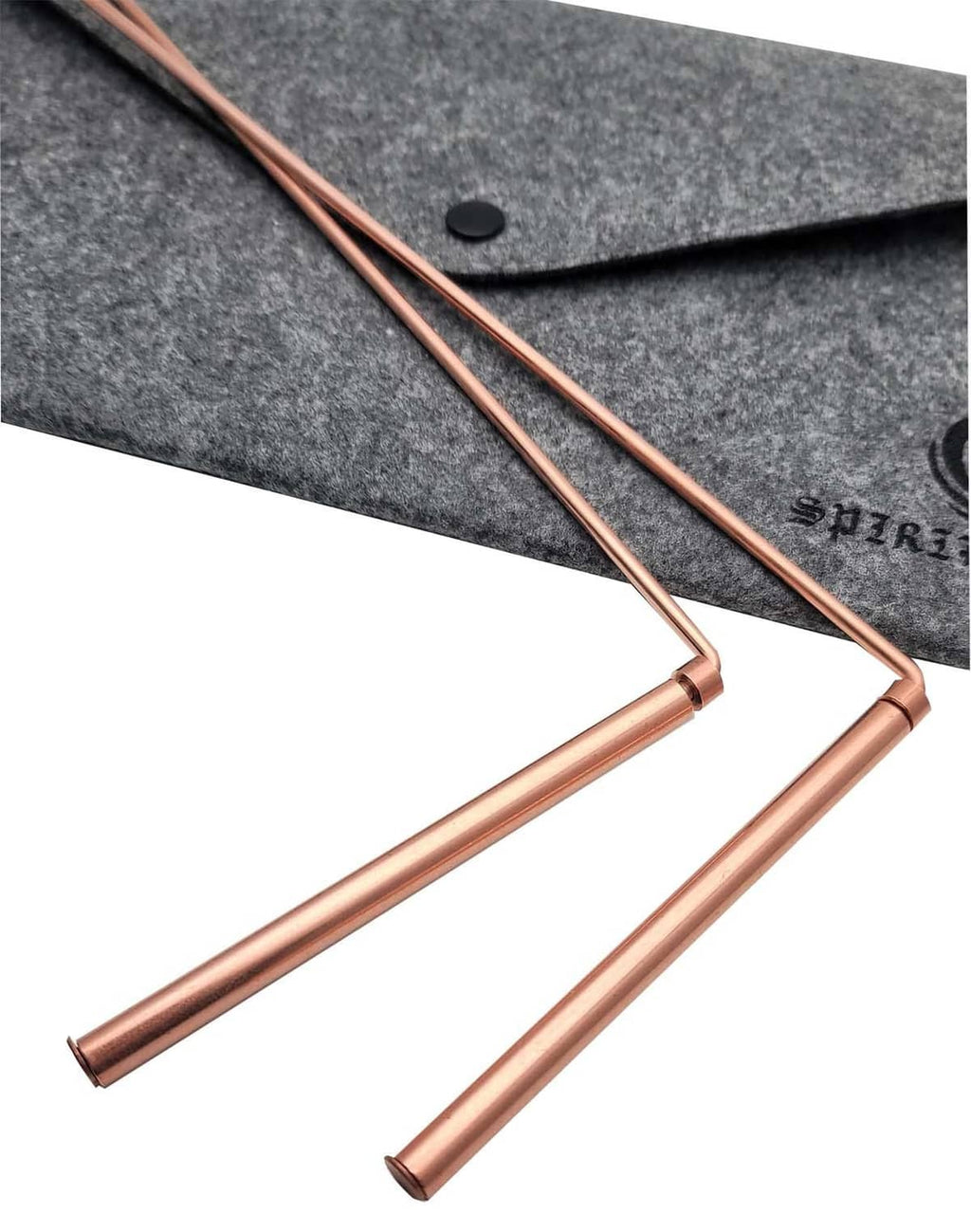 Copper dowsing rods in felt pouch, U-shaped pair