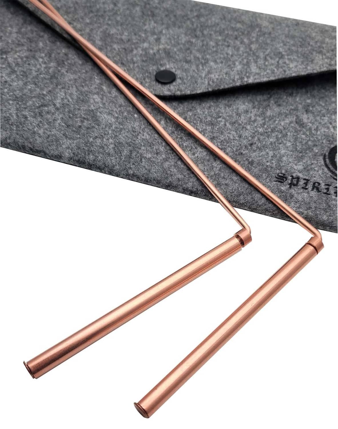Copper dowsing rods in felt pouch, U-shaped pair