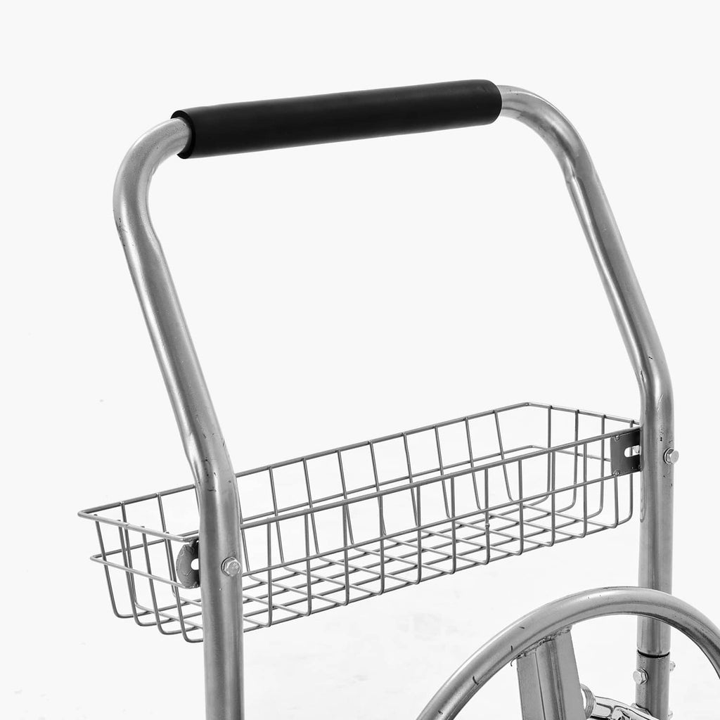 Uimoso water hose reel cart with metal wire basket and black handle