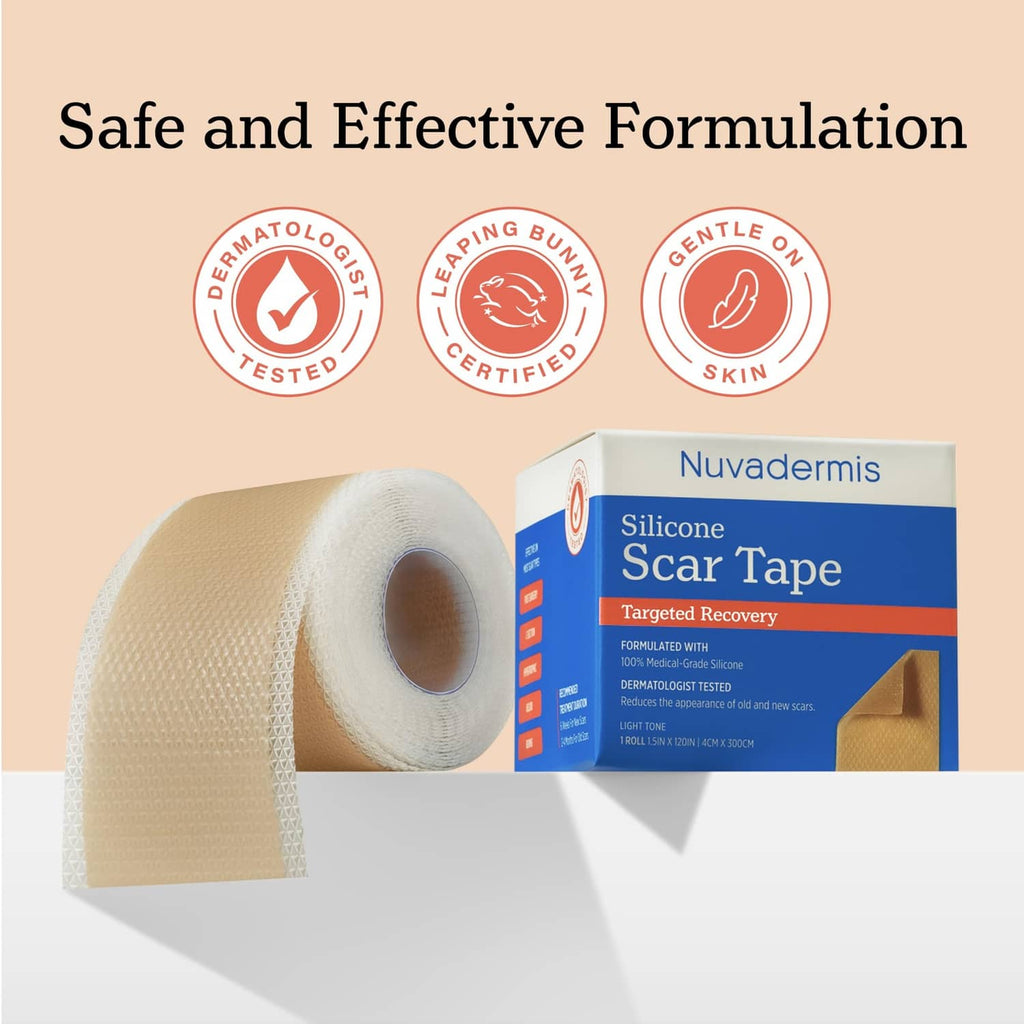 Silicone scar tape roll with tan backing and product box for targeted recovery