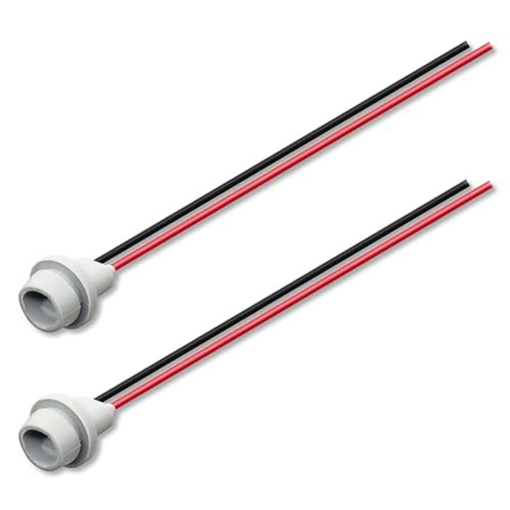 Two rubber-base bulb socket leads with gray housings and red/black wire conductors