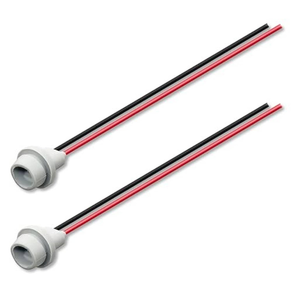 Two rubber-base bulb socket leads with gray housings and red/black wire conductors