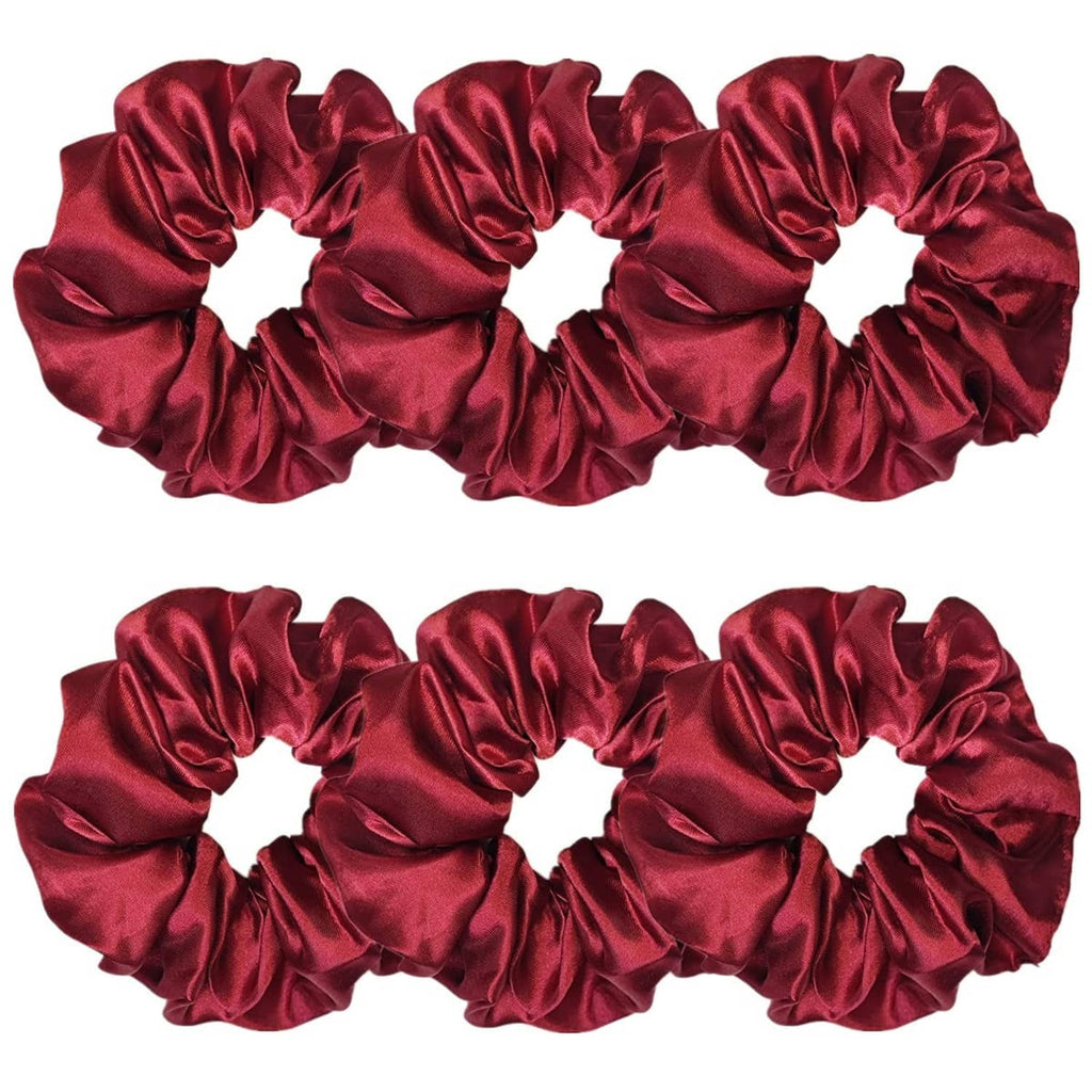 Set of 6 wine red satin scrunchies with gathered ruffle texture