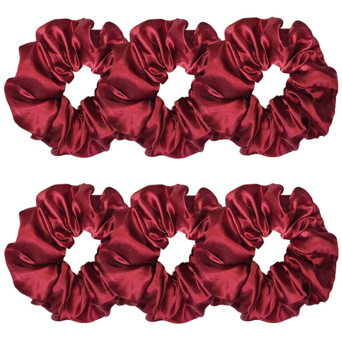 Set of 6 wine red satin scrunchies with gathered ruffle texture