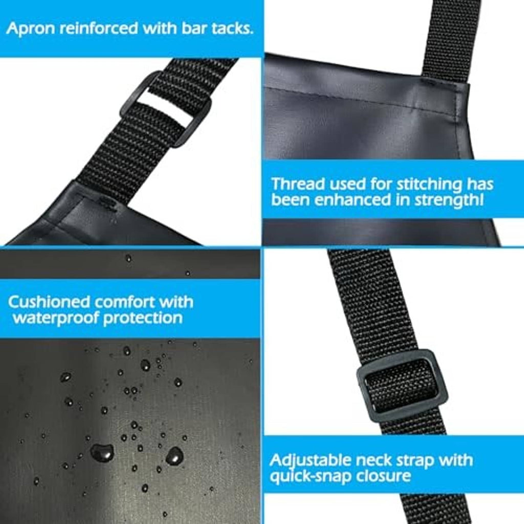 Black apron with adjustable neck strap and quick-snap buckle; reinforced stitched hem details.