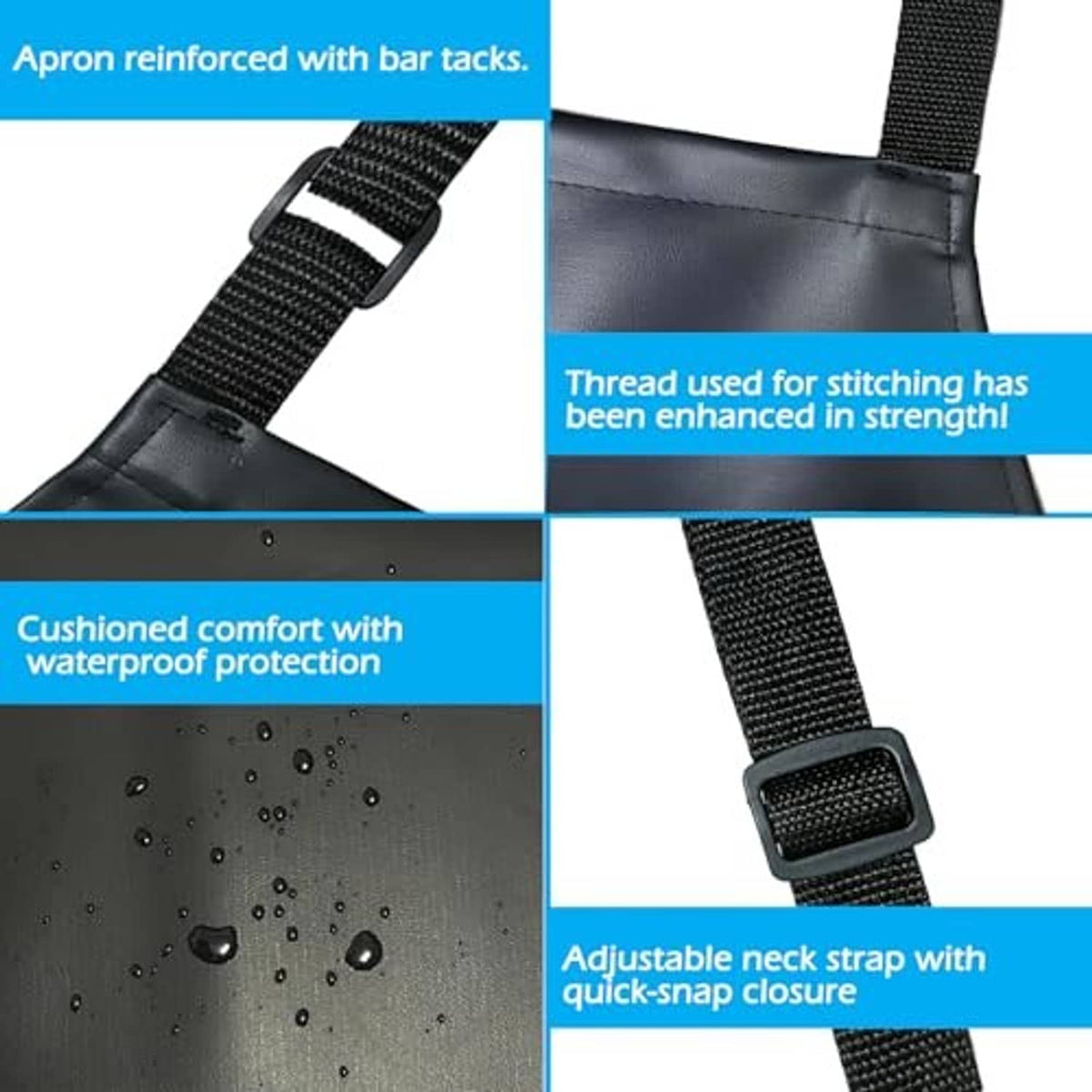 Black apron with adjustable neck strap and quick-snap buckle; reinforced stitched hem details.