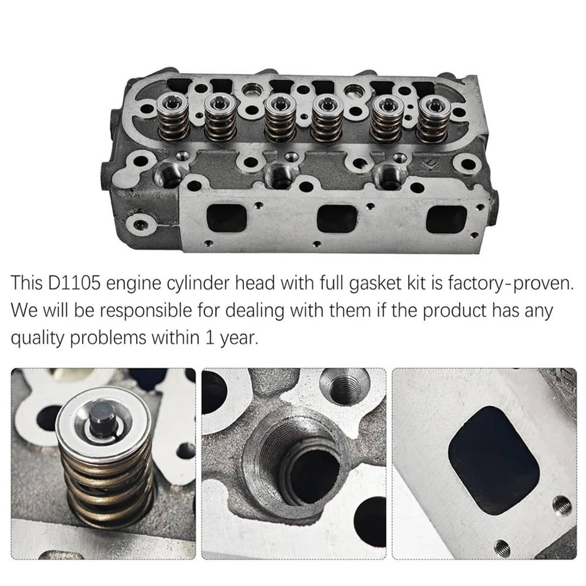 Cylinder head with full gasket kit, top view plus close-up details of springs and ports