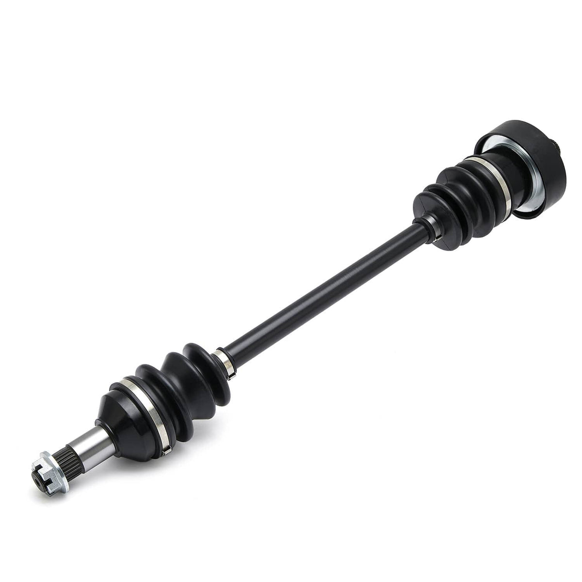 CV axle shaft with black boots and two metal splined connection ends