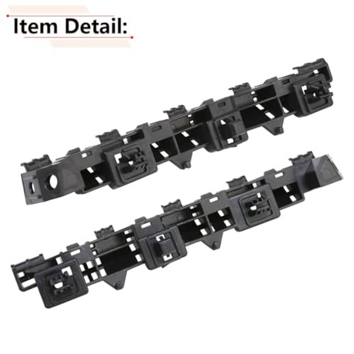 Black plastic bumper bracket assembly with multiple cutouts and tabs