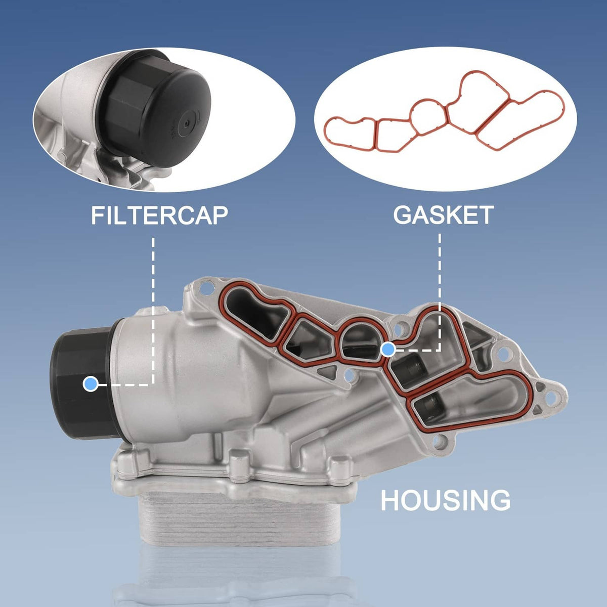 Engine oil filter housing with cooler, silver body with black cap; gasket and filtercap shown
