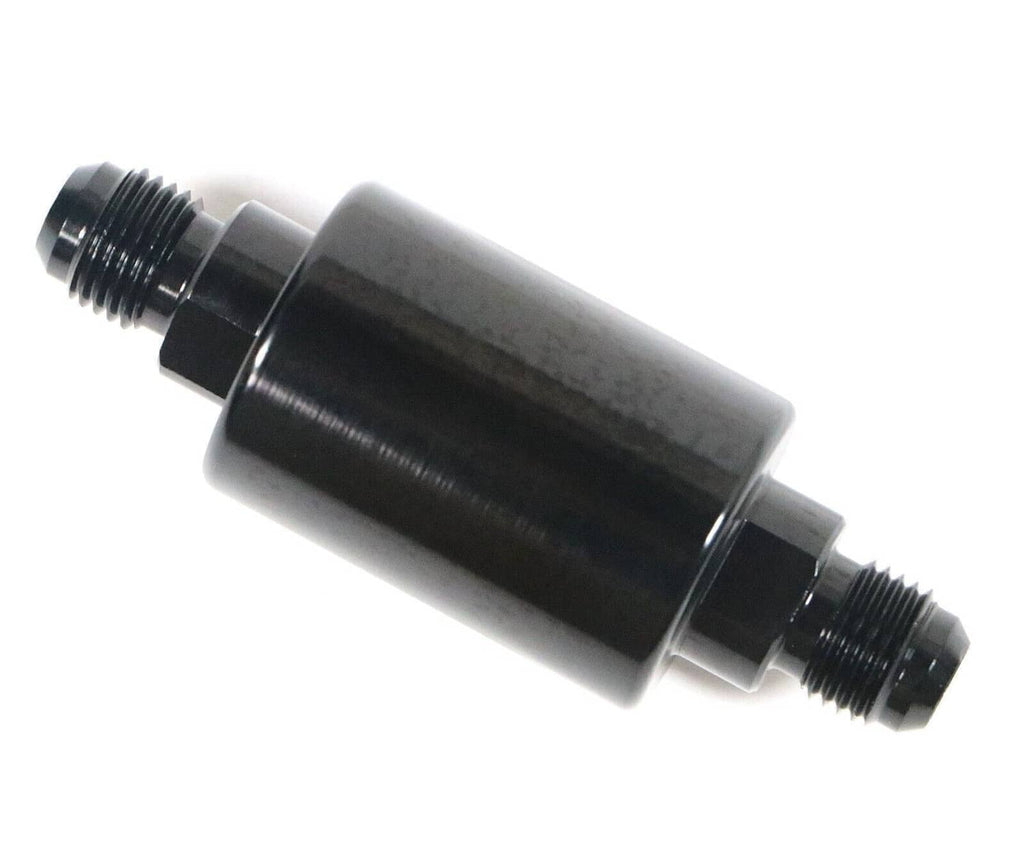 Inline AN6 fuel filter, side view of black canister with threaded inlet and outlet