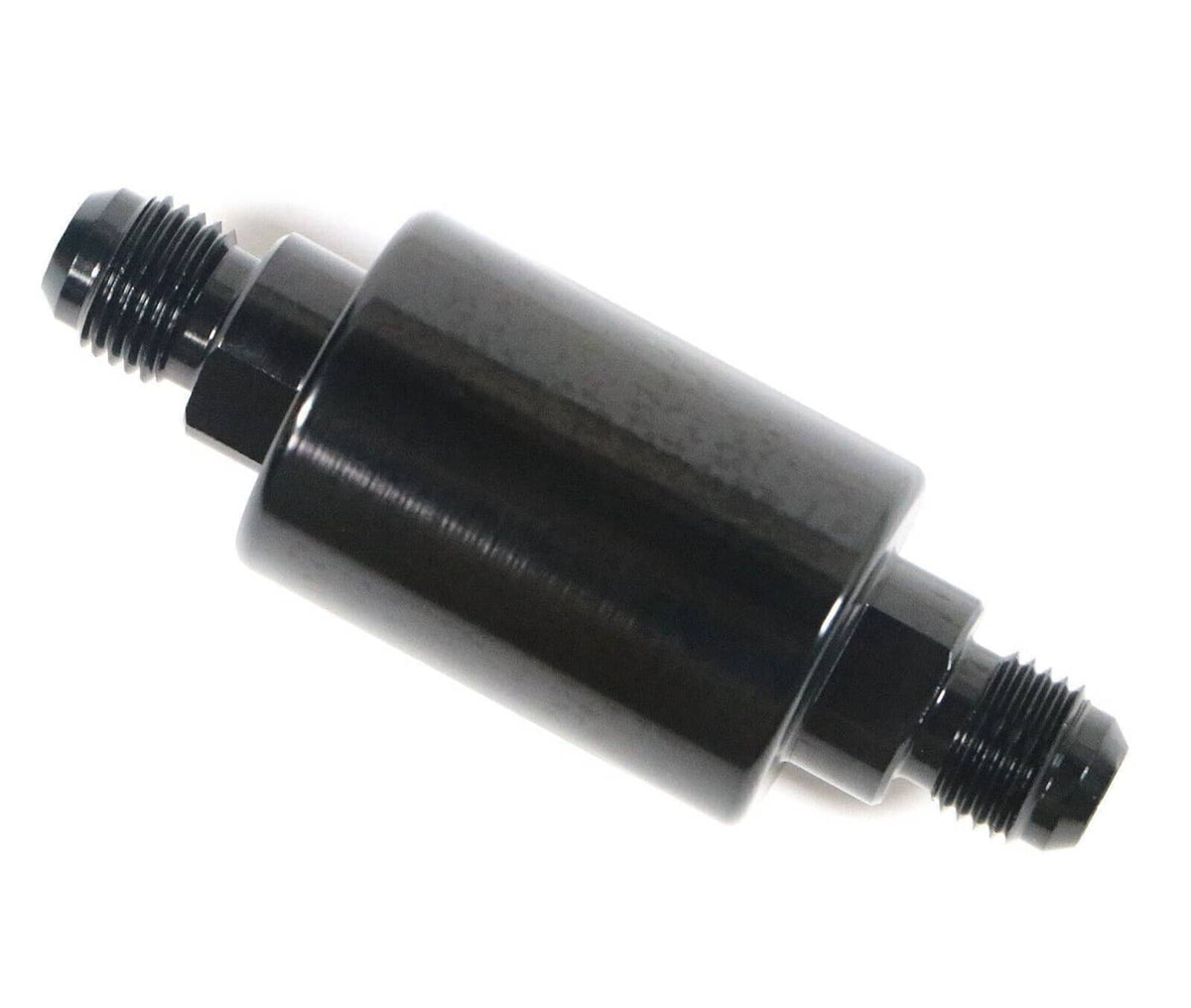 Inline AN6 fuel filter, side view of black canister with threaded inlet and outlet
