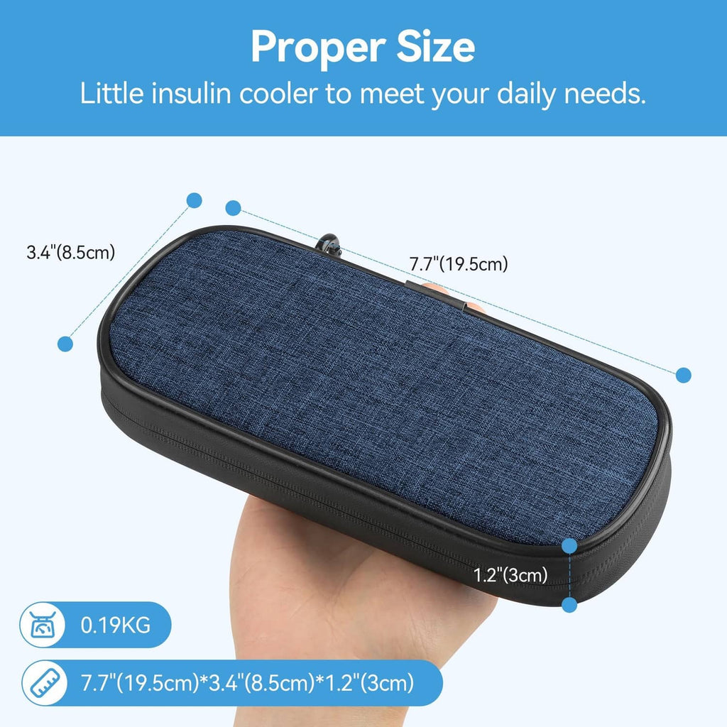 Indigo insulin pen cooler case compact size, front zipper with blue fabric body
