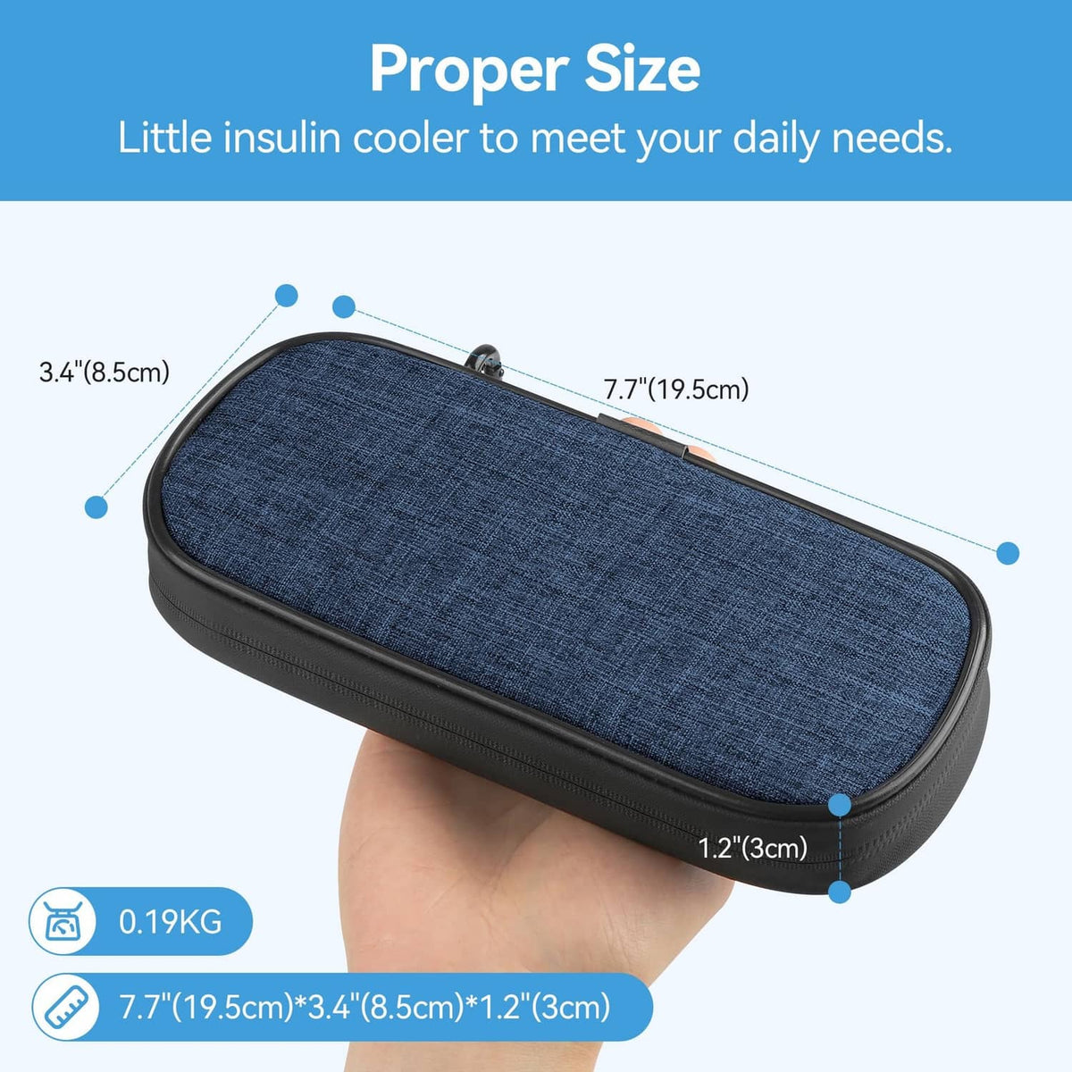 Indigo insulin pen cooler case compact size, front zipper with blue fabric body