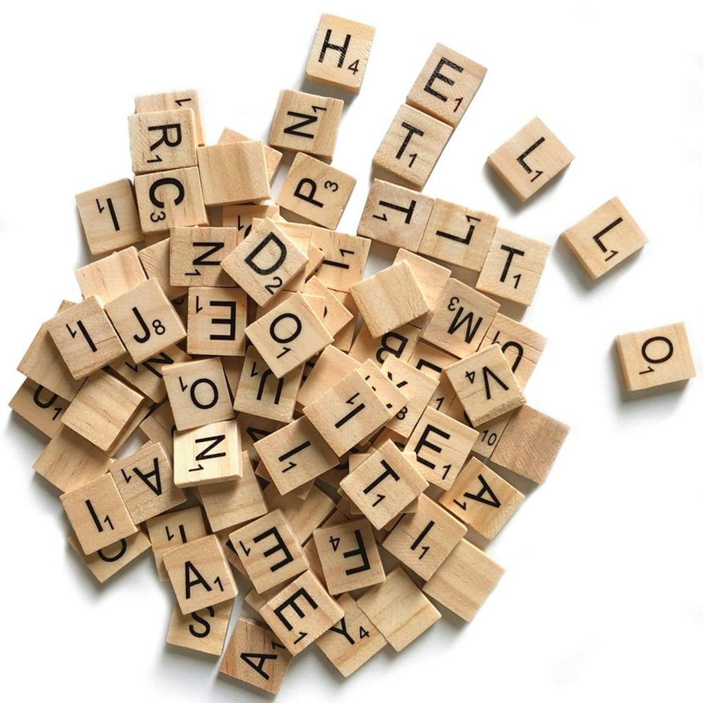 QMET wood letter tiles in a mixed pile with dark printed letters, for word games