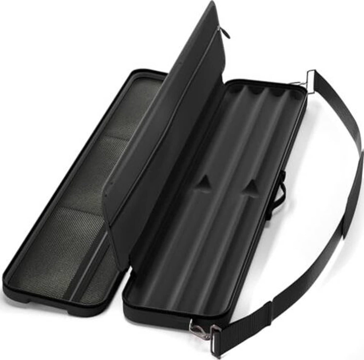 Black 2-cue cue case with mesh end pocket and interior padded divider sections.