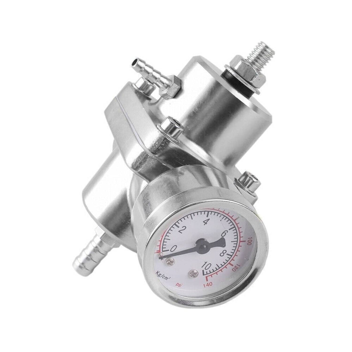 Adjustable fuel pressure regulator with silver metal body and 0–140 psi gauge