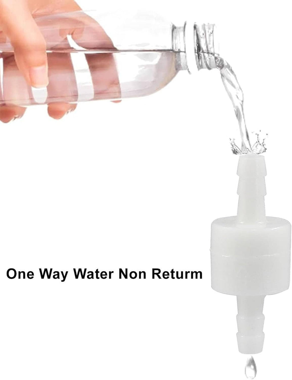 White one-way inline check valve with water flowing through the fitting