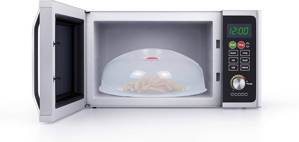 Microwave splatter cover dome over food with red vent center