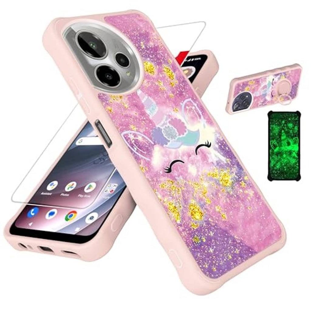 Pink glitter phone case with purple unicorn art and gold sparkles, side profile visible