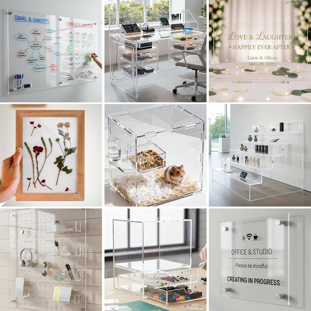 Clear acrylic sheet projects, including displays, organizers, and crafts