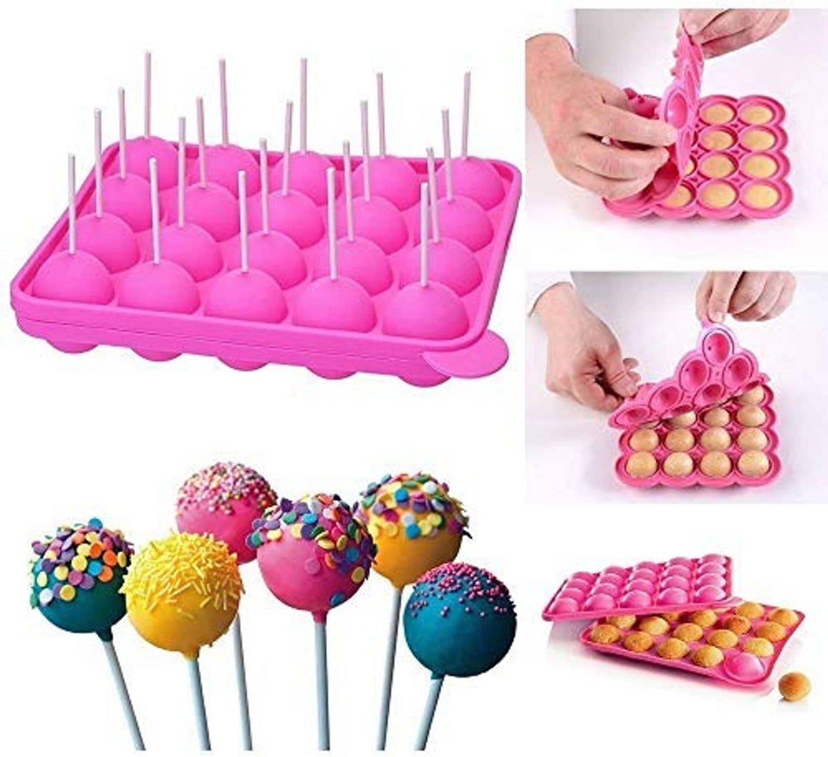 Pink silicone cake pop mold with stick-insert tray and decorated cake pops