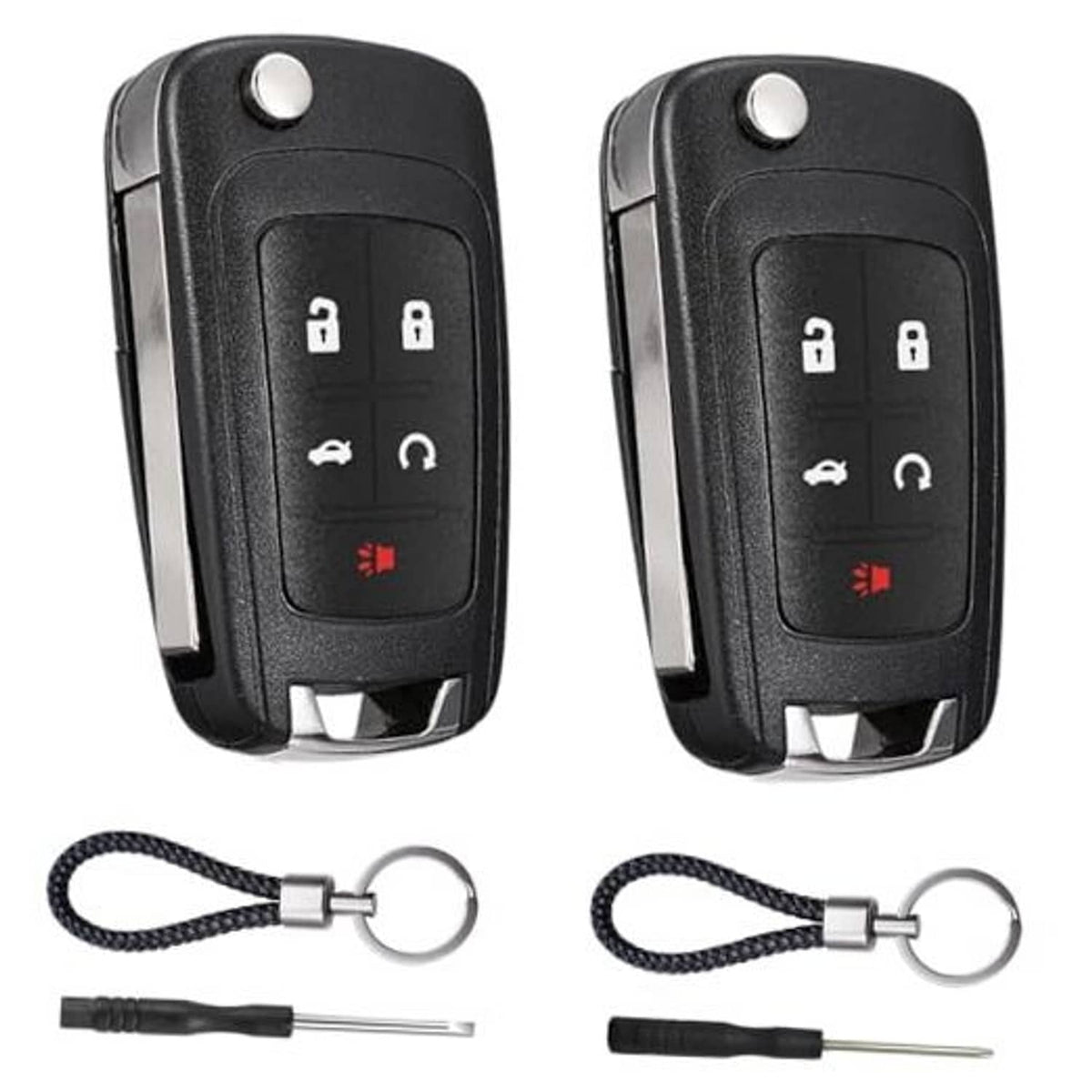 Black 5-button key fob replacement shell with keyring and metal blade, remote button icons