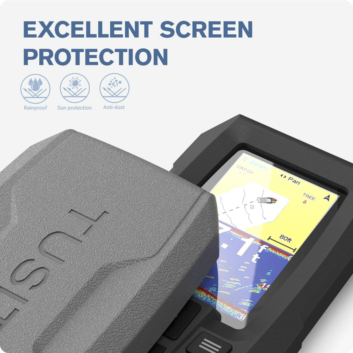 Gray protective cover opened to shield the fishfinder screen window