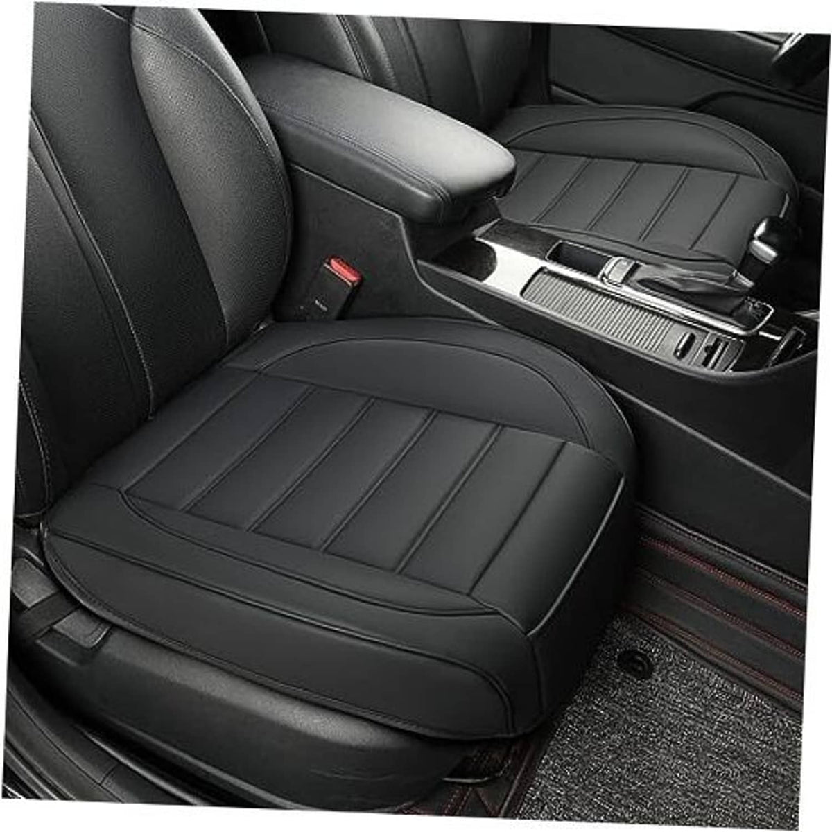 Black front seat bottom cover with stitched panel design and smooth faux leather look