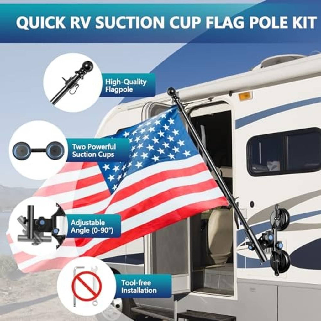 RV suction cup flagpole mount with attached small flag on an RV exterior