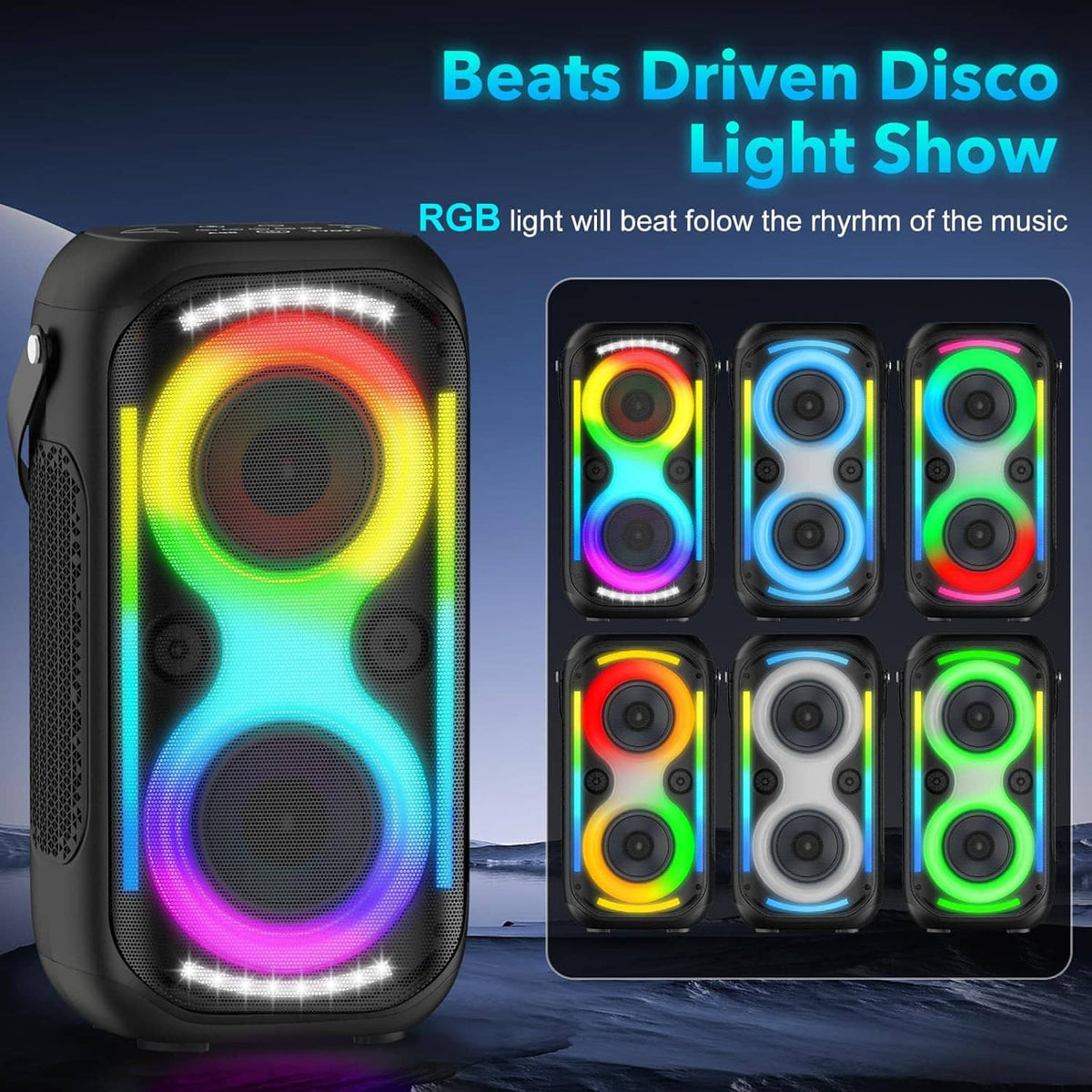Portable Bluetooth speaker with RGB light rings and dual front speakers, black