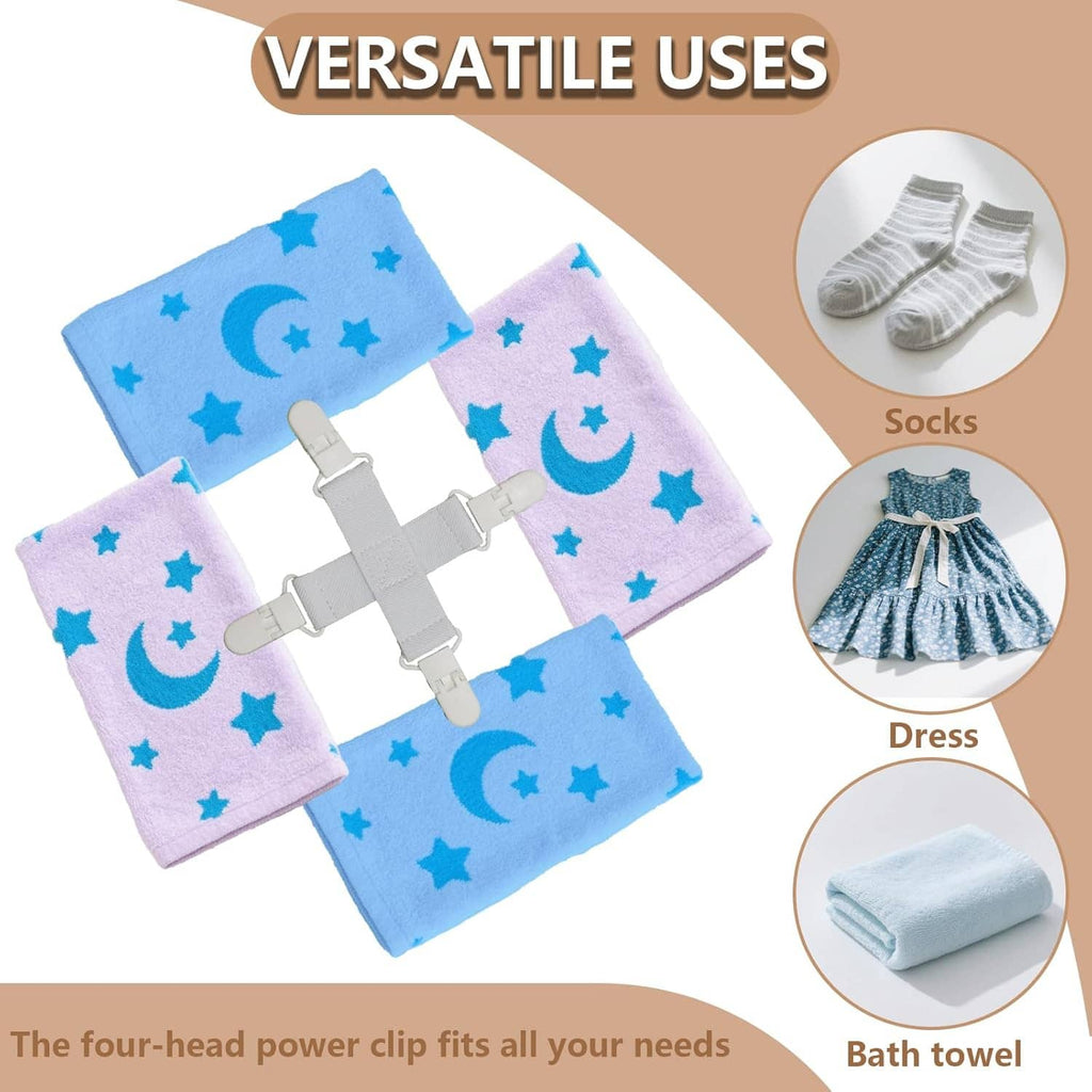 Four head laundry holder clip for fabrics, shown with socks and dress examples