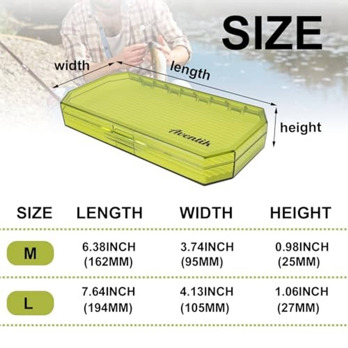 Fly fishing box size diagram showing length, width, and height measurements