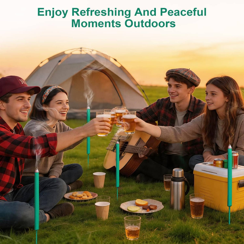Green citronella incense sticks set up outdoors during a picnic