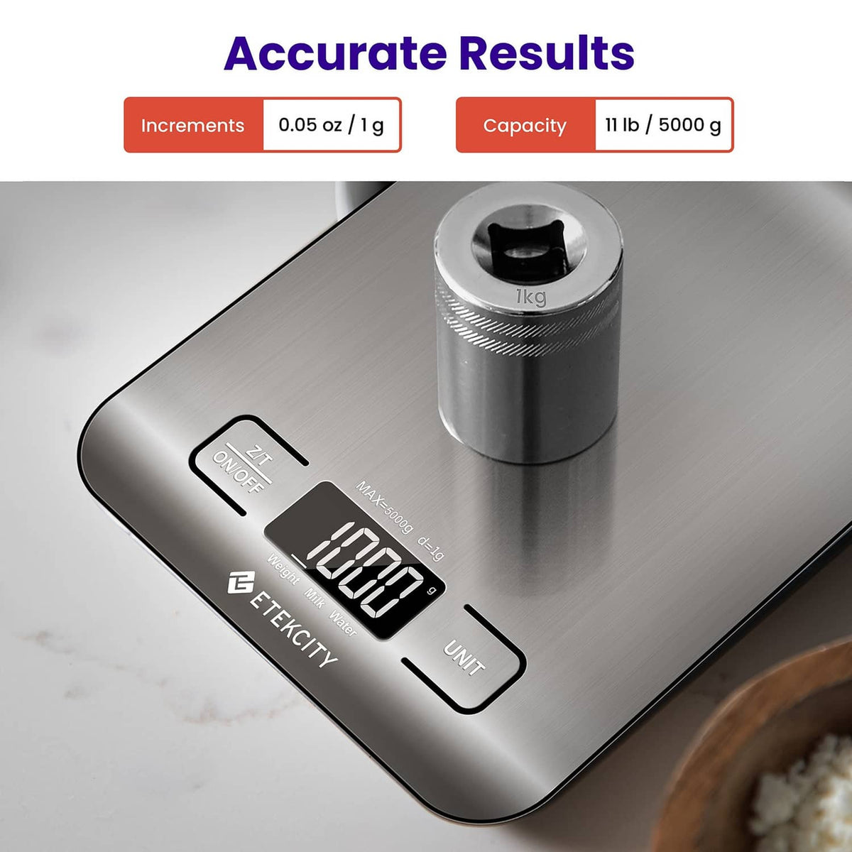Digital kitchen scale with LCD weight readout and small calibration weight container