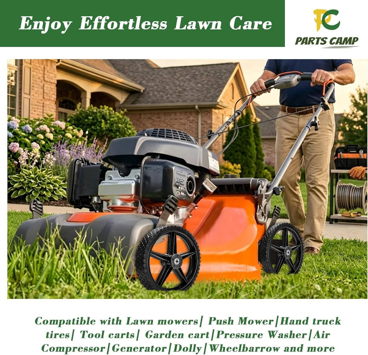 Orange lawn mower with black spoked wheels and thick tread tires