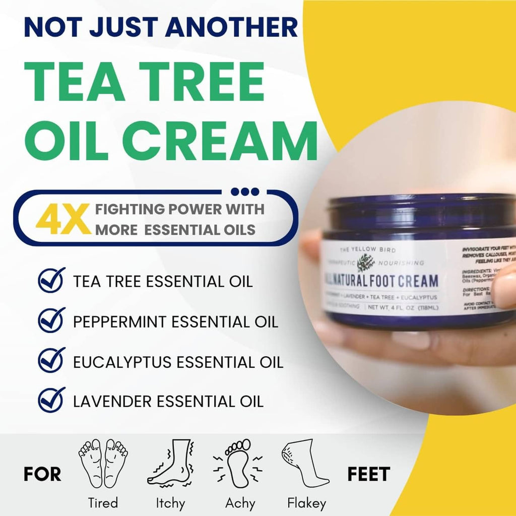 Tea tree oil foot cream jar with essential oil blend, shown in hand