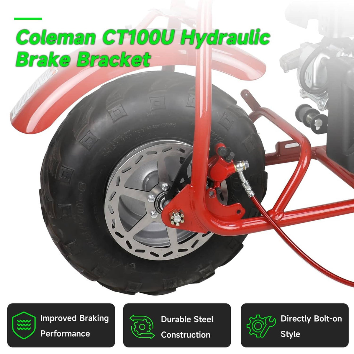 Front hydraulic brake caliper bracket mounted on a mini bike front wheel
