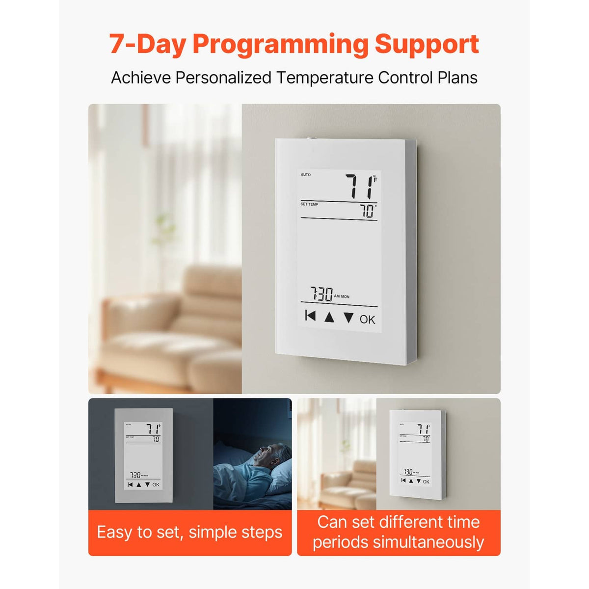 Programmable thermostat kit with LCD touchscreen and included wiring leads, nuts, and screws