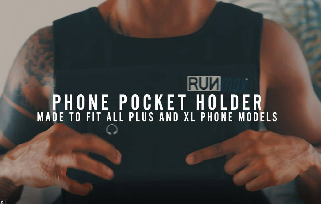Black weighted vest with logo patch and phone pocket holder detail