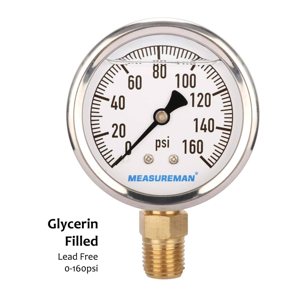 0–160 psi RV pressure gauge, glycerin-filled, stainless bezel, brass threaded connection