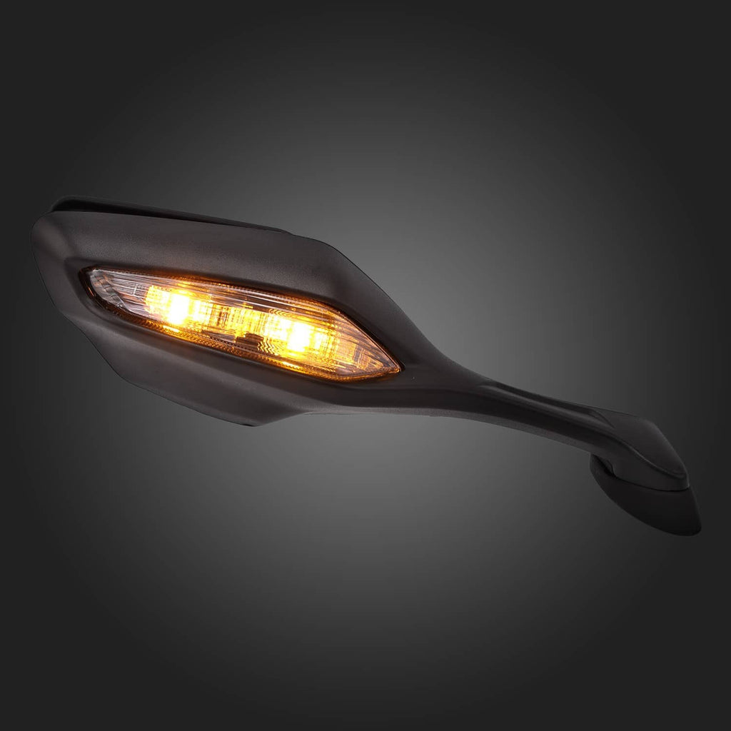 Black side mirror with glowing amber LED turn signal strip