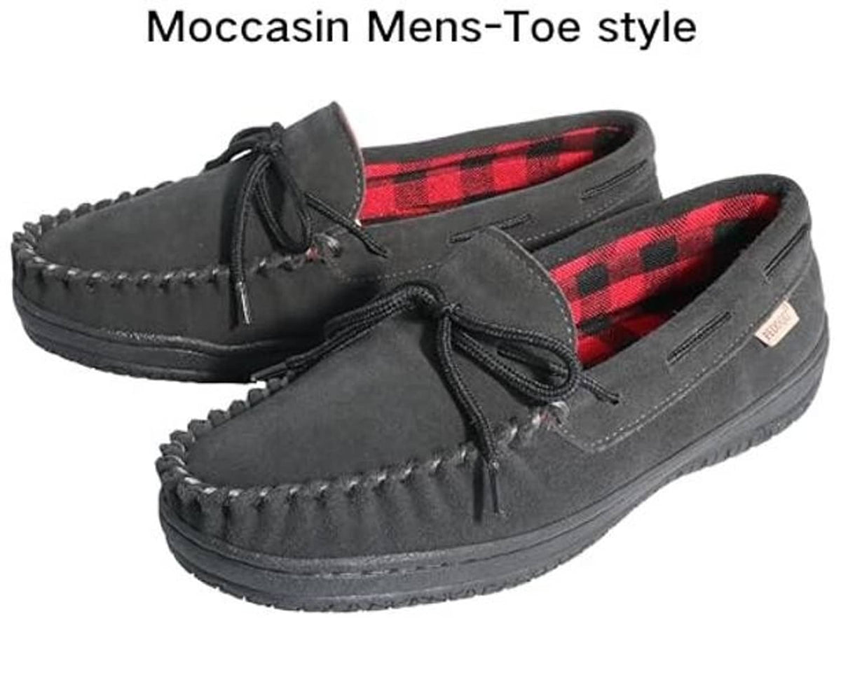 Men’s charcoal gray leather moccasin slippers, lace-up front with red plaid interior.