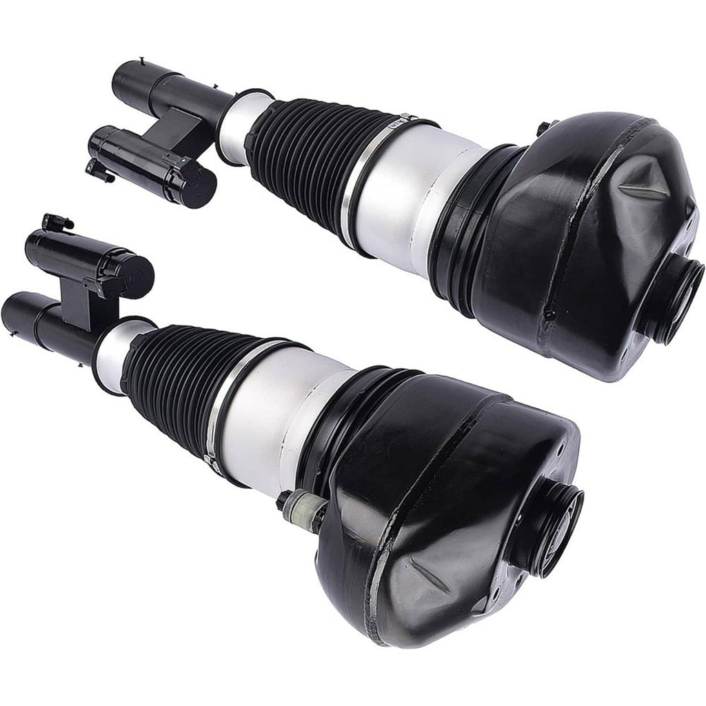 Two air suspension struts angled view, black bellows with silver center rings