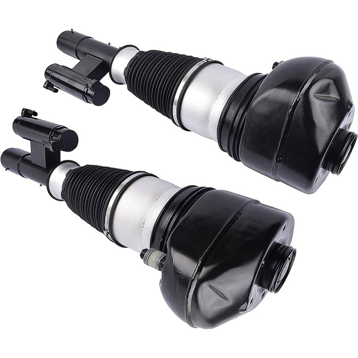 Two air suspension struts angled view, black bellows with silver center rings