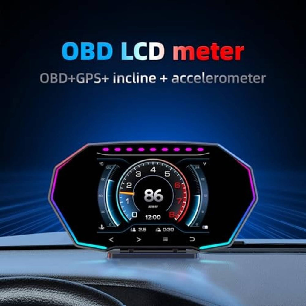 Car HUD display with circular dials for speed and engine metrics, glowing purple